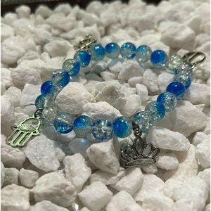 Blue Charm Bracelet - Handmade Beaded Bracelet with Silver Charms”
